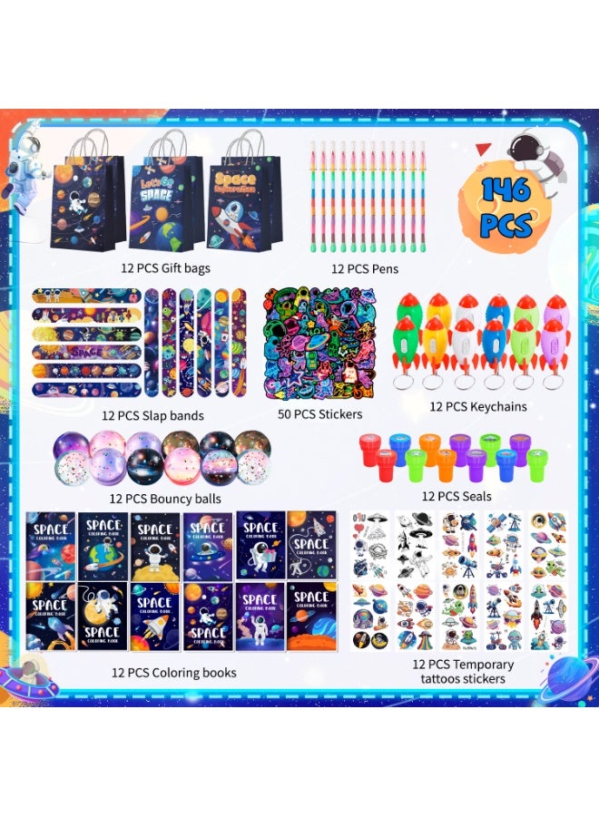 FRUITFUL PARTY Space Party Favors for 12 Guests, 146pcs Space Birthday Party Favor Set with Gift Bags Slap Bracelets Stickers Keychains Coloring Books & Toys – Outer Space Party Decoration Supplies - Image 3